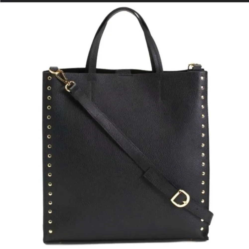 Bevini Modena Black Genuine Leather Tote Crossbody Purse Gold Studs